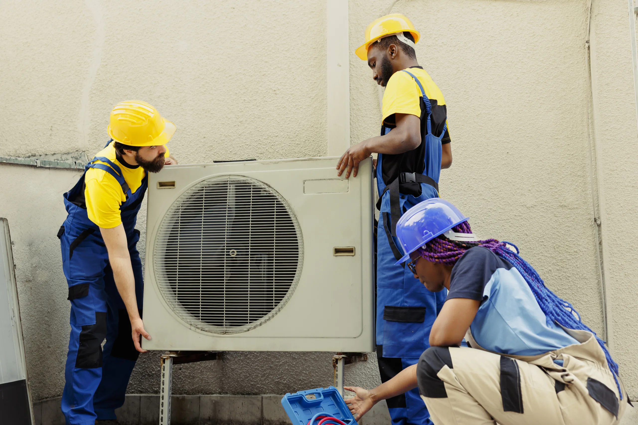 Team replacing old air conditioner Knowleadgeable engineering team installing new outdoor air conditioner for home owner after replacing old condenser. Efficient technicians tasked with optimizing new HVAC system performance